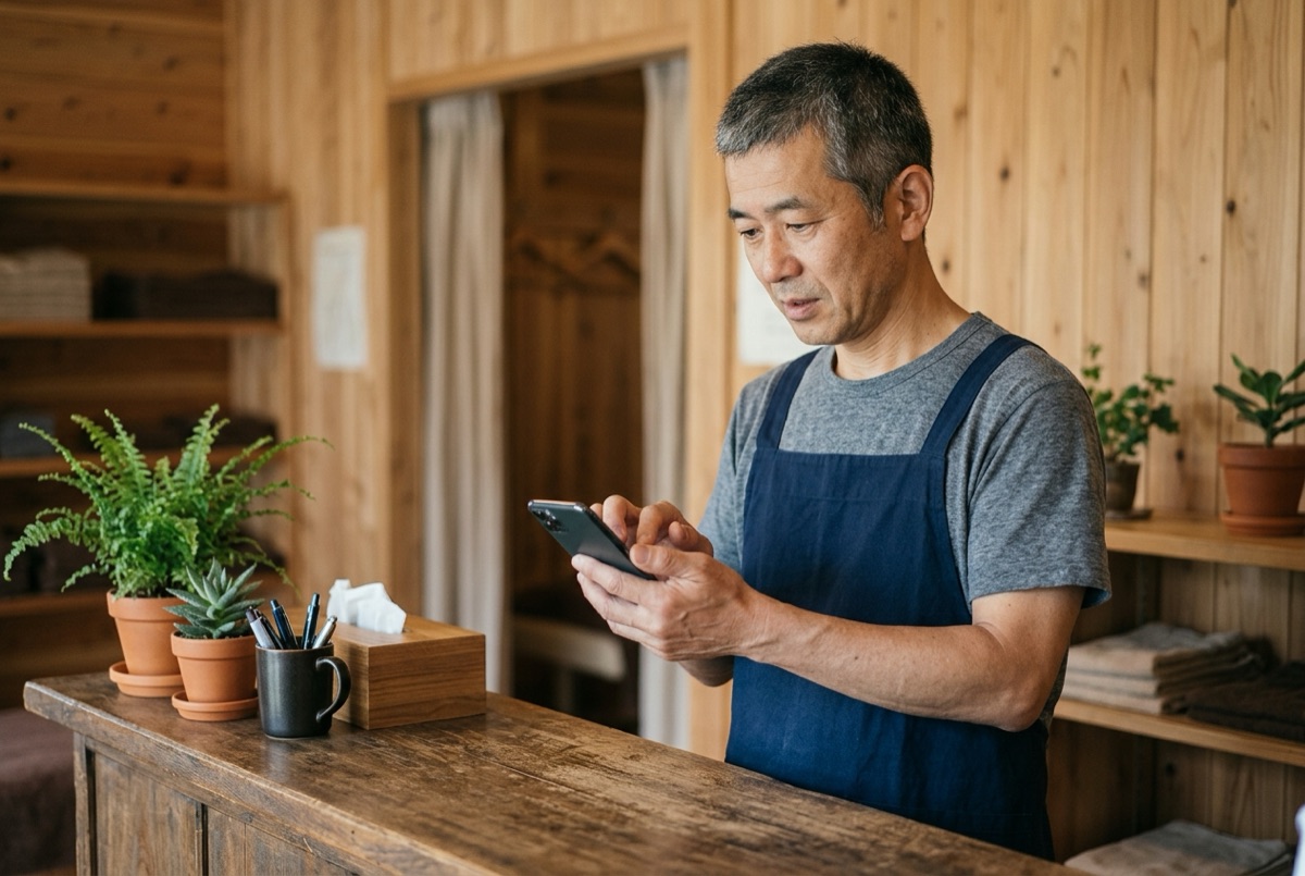 店のカウンターでスマホの画面を見ながら操作するエプロン姿の店主