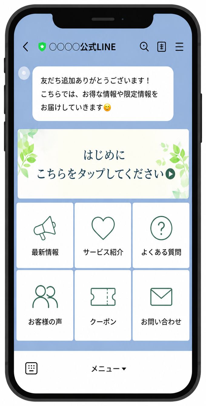 LINE公式アカウントのトーク画面例。下部にリッチメニューの大きなボタンが並んでいる