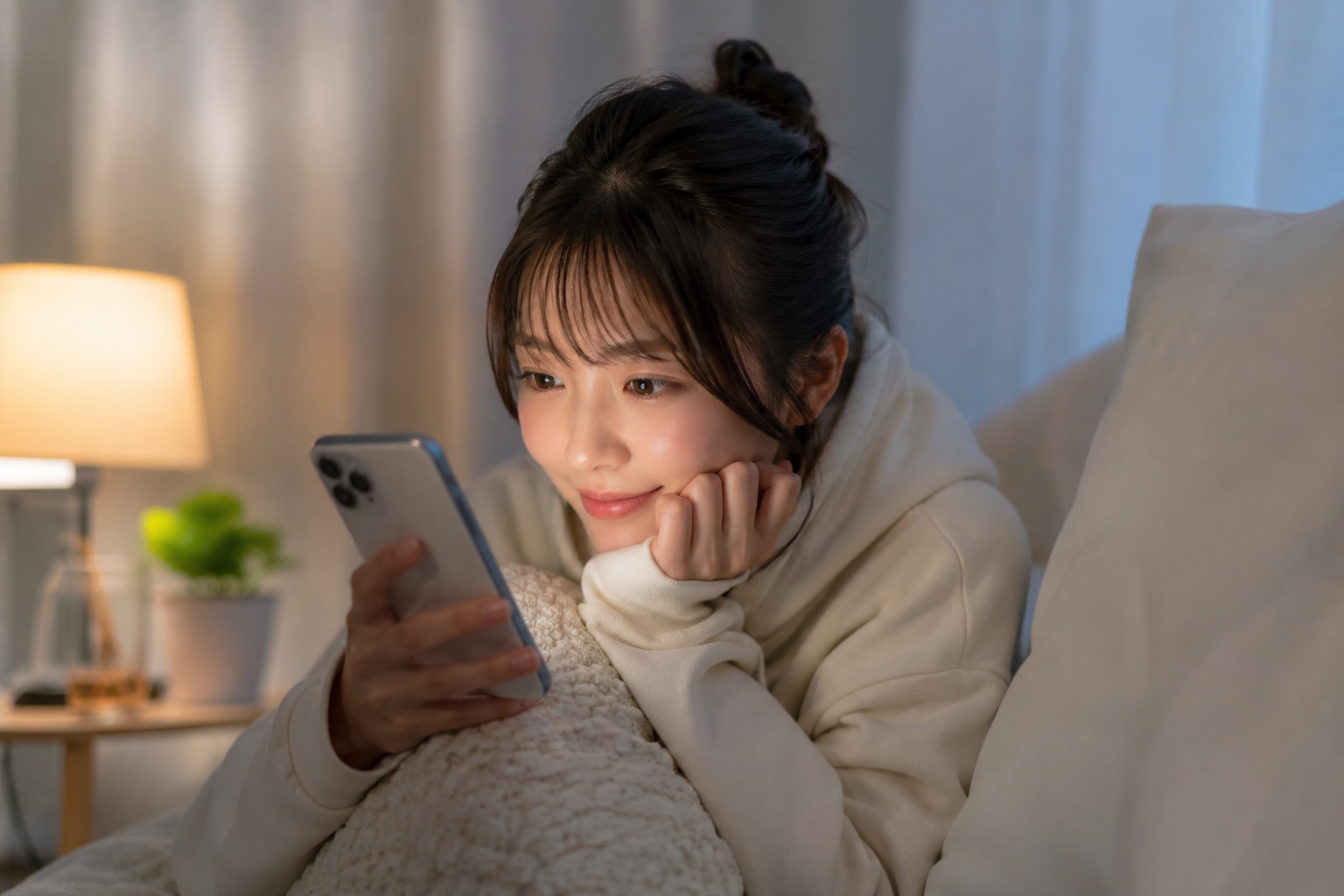 夜、自宅のソファでスマートフォンを見てくつろぐ女性