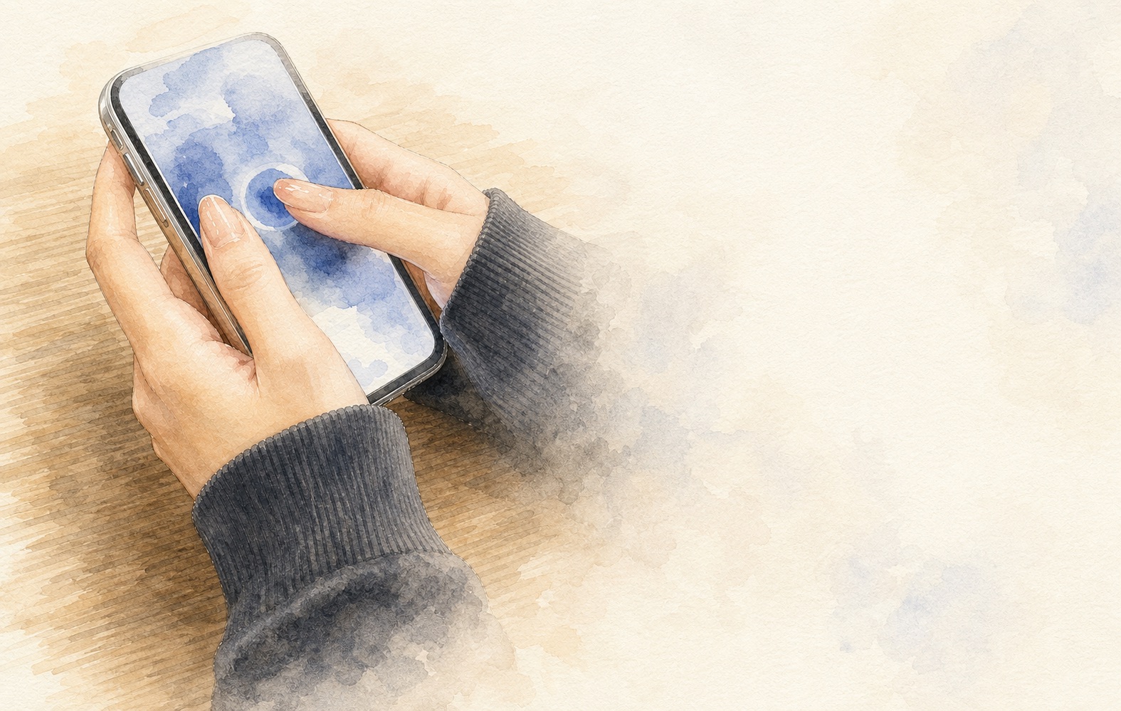 スマートフォンでホームページを見ている手元の水彩画