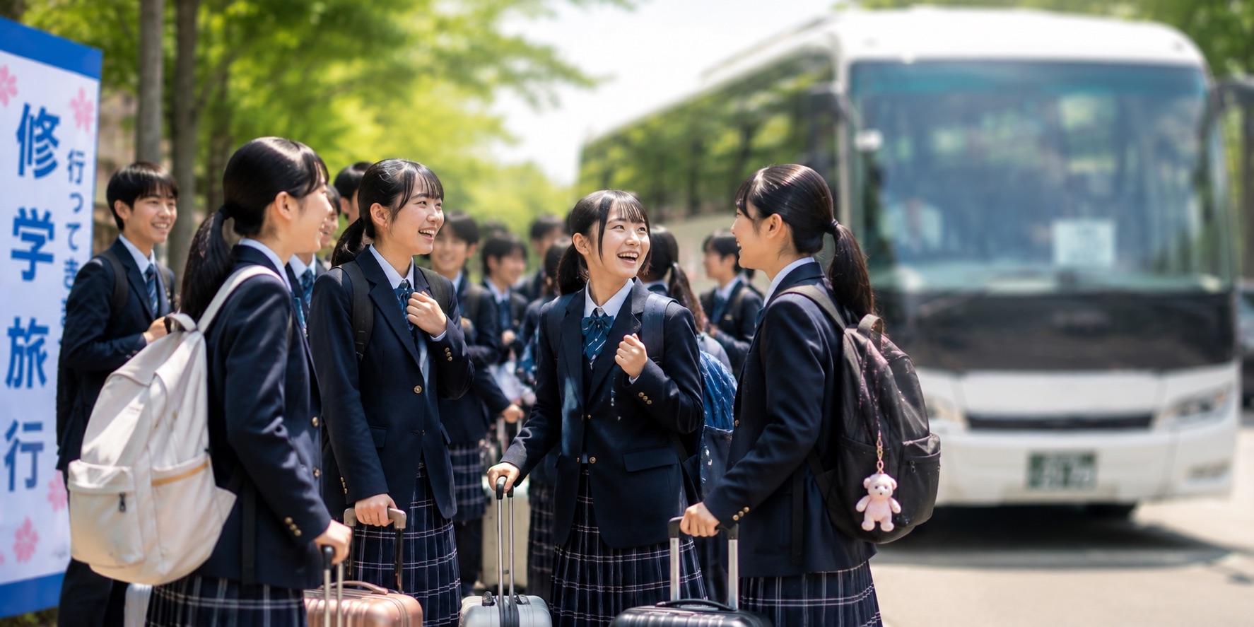 修学旅行に出発する学生たちとバス